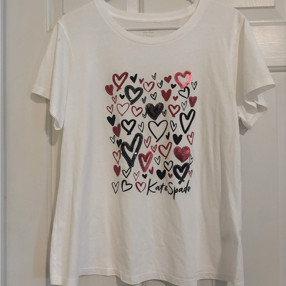 Kate Spade Scribble Hearts Sequin Embellished Hearts White Cotton T Shirt NWT XL - Picture 1 of 3
